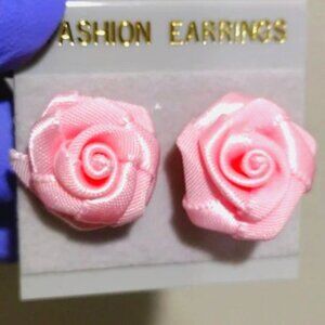 Pink Rose Fabric Stud Earrings – Satin Flower Design - 0.75"  Women's Jewelry